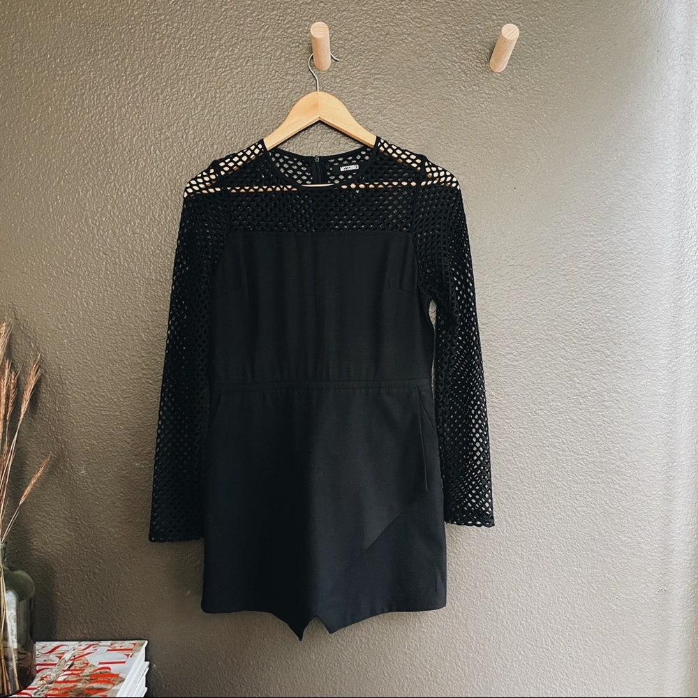 Missguided - Fishnet Overlay Skirt Romper, Black, Size 8